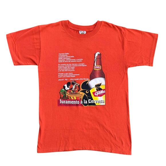 Vintage 90s Spanish Beer T-Shirt Mens S/M Gallo Cervesa Jumamento Orange - Picture 1 of 7